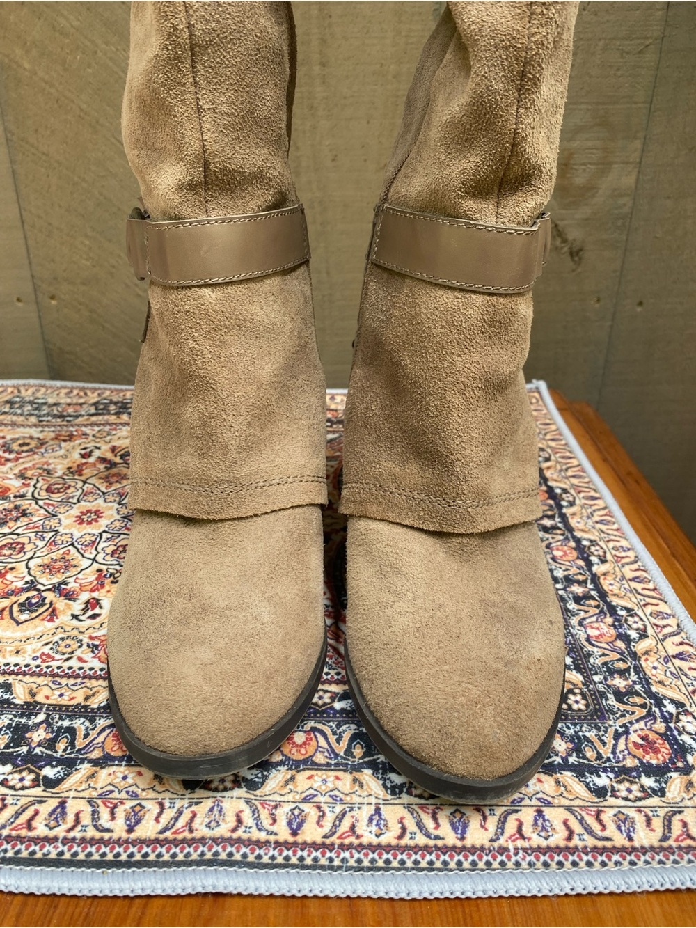 Fergie Taupe Suede Knee-High Block Heel Boots - Picture 8 of 14